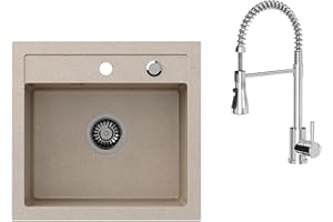 VBChome Évier de cuisine avec robinetterie - 50 x 47 cm - Beige - Granit - Montage simple - Pour cuisine - Moucheté - Siphon