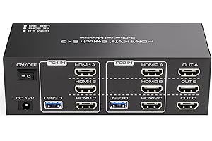 TJCXELE 4k60hz HDMI Kvm Switch 2 PC 3 Monitores USB 3.0 Triple Monitor EDID Conmutador Kvm 2 PC para Compartir y 4 Dispositivos, Soporta Modos Extendido y Duplicado, Con Cables USB