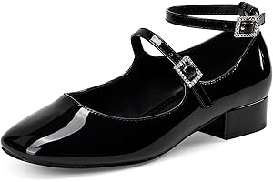 GENSHUO Mary Jane Shoes with Ankle Strap, Square Toe, Flat and Lightweight, Buck with Dainty Rhinestone Embellishment