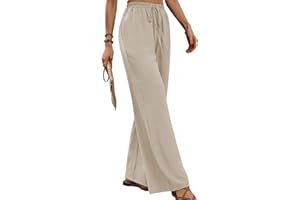 JiaYouLC Women Linen Trousers with Pockets Summer Wide Leg Casual Pants High Waisted Drawstring Trousers for Sports Running Joggers