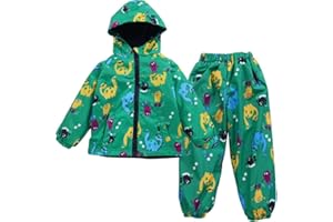 LZH Bambini Impermeabile Ragazzi Giacca con Cappuccio Dinosauro Cappotto + Pantaloni Set