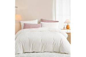 Lanqinglv Plüsch Bettwäsche 135x200 cm Weiß Flauschig Langhaar Kunstfell Streifen Winterbettwäsche Warm Kuschelig Flanell Fleece Cashmere Touch Bettbezug mit Reißverschluss und 1 Kissenbezug 80x80cm