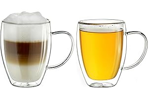 Creano Szklanka termiczna z podwójną ścianką z uchwytem 400 ml, duża, podwójna szklanka ze szkła borokrzemianowego, szklanka do kawy, kieliszki do herbaty, szklanki do listwy, zestaw 2 szt