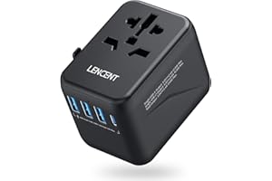 LENCENT Adaptador Viaje Universal, Cargador Internacional con 3 Puertos USB y Carga PD Tipo-C para Móvil, Portátil, Adaptador Enchufe Viaje para Más de 200 Países (USA, UK EU AUS), Negro