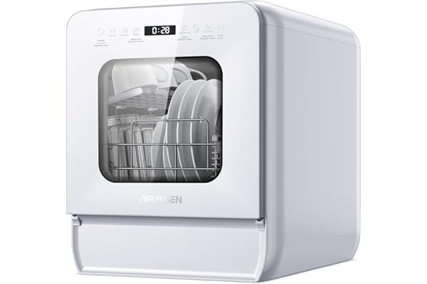 AIRMSEN Mini Lave-vaisselle de Table avec 7+2 Programmes, Design Ultra-Étroit & Profond 37 * 50cm, 4 couverts, Démarrage Différé 1-24H, Double Jet 360°, Réservoir d'Eau de 5L, Blanc (Blanc)