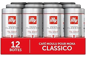 illy, Café moulu pour Moka Classic, 100% Arabica avec des Notes de Caramel, Fleur d'Oranger et Jasmin, Goût doux et arrière-goût sucré, Pack de 12 boites (12 x 250gr)
