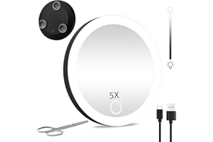 JADAZROR Kompakter Spiegel mit Licht, 5-facher Vergrößerungsspiegel, beleuchteter Reise-Make-up-Spiegel, 10cm großer tragbarer Taschenspiegel, 5-facher Vergrößerungs-Make-up-Spiegel mit 3 Saugnäpfen