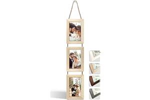 NEOWS Portafotos Múltiple Decorativo para Colgar en Pared - Marcos de Fotos Multiples de Madera Con Cuerda - Collage Portarretratos Colgante - Fotos 10x15 cm (Roble Natural, 3 Fotos Vertical)