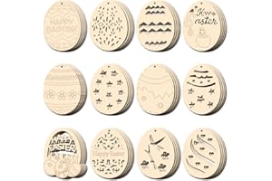 XLONG 48 Piezas Colgante de Madera de Pascua,Huevos de Pascua Manualidades,Colgante Pascua Madera,Huevos de Madera para Pintar,Adorno de Madera Pascua,Manualidades de Madera de Pascua