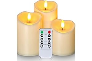 ‎HOMEMORY Homemory Outdoor Wasserdicht Flammenlose Kerzen, LED-Kerzen, Batteriebetriebene Kerzen mit Fernbedienung Timer, Elektrische gefälschte Kunststoff-Kerzen, Dunkel Elfenbein, 3er-Set