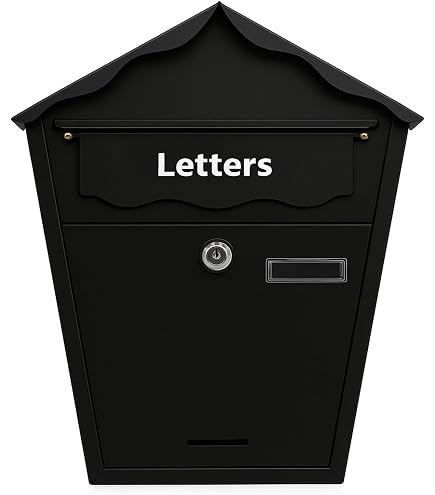 RYZAN Wall Mounted Waterproof Mailbox - Classic Steel Post Box With Lock & Keys, 37x13x36cm Black