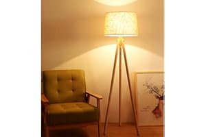 DINGLILIGHTING Wooden Tripod Led Floor Lamp, 3000k Warm White Floor Light, Classic Led Reading Free Standing Lamp for Living Room, Bedside, Study, Office, Floor Lamp with E27 Bulb, Beige Shade