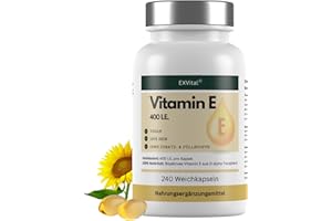 ‎EXVITAL EXVital Vitamin E 400 I.E., 240 vegane Softgel Kapseln, mit D-Alpha-Tocopherol, Vitamin E aus Sonnenblumen, hochdosiert & laborgeprüft