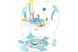 GYMAX Baby Jumperoo Activity Center, Baby Jumpers with 3 Adjustable Heights, Seat Cushion, Foot Pad, Developmental Toys, Music, Lights & Sounds, Toddler Bouncer for 6 Months+ (Light Blue)
