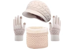 CheChury Cappello Sciarpa e Guanti Touch Screen Donna Invernali Berretto in Maglia con Sciarpa Beanie Con pompon Collo della Ciarpa 3 Pezzi per Donna Infinity Scaldacollo Morbido Tessuto