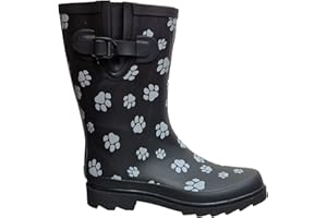 TOSH Womens Ladies Wellies Rubber Rain Boots Wellingtons Short & Tall Dog Paw Skull Festival Snow Buckle Adjustable