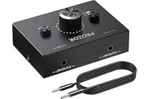 PROZOR Dwukierunkowy przełącznik audio, 3,5 mm, przełącznik audio, 2 (1) IN-1(2) Out z regulacją głośności, kabel 3,5 mm do komputera, telewizora, głośników