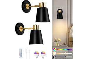 Lampop Battery Operated Wall Lights Indoor Rechargeable Wall Lights, Wireless Wall Sconces Set of 2, with Detachable Bulbs and Remote, Black Wall Light for Bedroom Living Room
