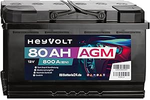 ‎BATTERIE24.DE HeyVolt AGM Autobatterie 12V 80Ah 800A/EN Starterbatterie, Start-Stop & Standheizung geeignet, absolut wartungsfrei
