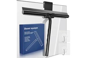 Teselife Rasqueta Limpiacristales para Ducha y Mampara Negra Profesional Limpiador Silicona con Ganchos Silicona sin Perforar Pegar para Baño Cocina Ventana Espejo con 2 Piezas Gancho Adhesivo Gratis