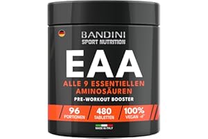 ‎BANDINI Bandini® EAA Aminosäuren Komplex | 480 vegane Amino Tabletten mit 9 verschiedenen Aminosäuren | Essential Amino Pre Post Workout aus pflanzlicher Fermentation | Hochdosiert, laborgeprüft, GVO-frei