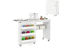 GIANTEX Armario de Costura Plegable 2 en 1 con 5 Ruedas, Mesa de Coser con 3 Compartimentos y 1 Estante Abierto, Aspecto de Vetas de Madera, para Dormitorio, Salón y Estudio (Blanco, 118,5x40x79,5cm)
