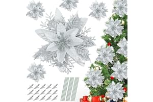 DERAYEE 12pc Weihnachten Glitter Weihnachtsstern Blumen künstliche Weihnachten Blumen mit Clips und Stiele für Weihnachtsbaum Ornamente Home Decoration (Weiß)