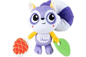 Chicco Procione Portatile, Sonaglio con Grande Coda Morbida per Attaccarlo a Passeggino o Seggiolino Auto, con Massaggiagengive, Pendente a Forma di Pigna con Suono Increspato, 3-24 Mesi