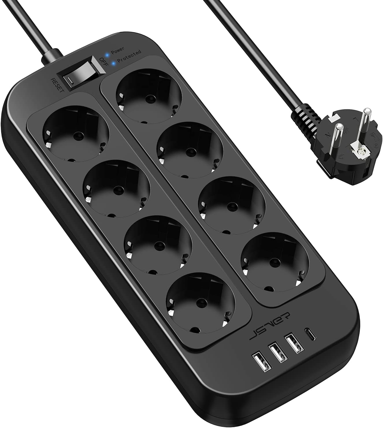 JSVER Regleta Enchufes USB, Proteccion Sobretension con 8 Toma de Corriente y 4 Puertos(5V3,4A) Estación de Carga Inteligente Tomas Alargadora con Cable 1.8m-Negro
