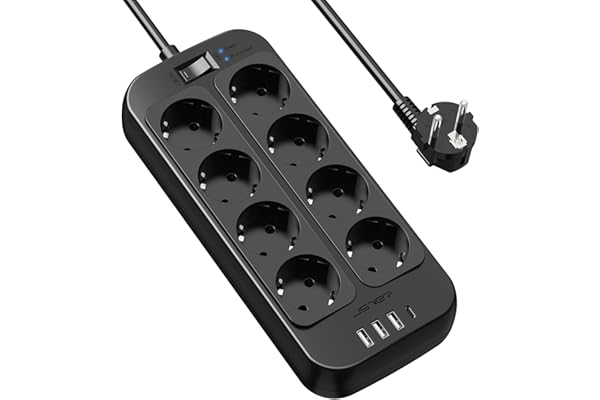 JSVER Regleta Enchufes USB, Proteccion Sobretension con 8 Toma de Corriente y 4 Puertos(5V3,4A) Estación de Carga Inteligente Tomas Alargadora con Cable 1.8m-Negro
