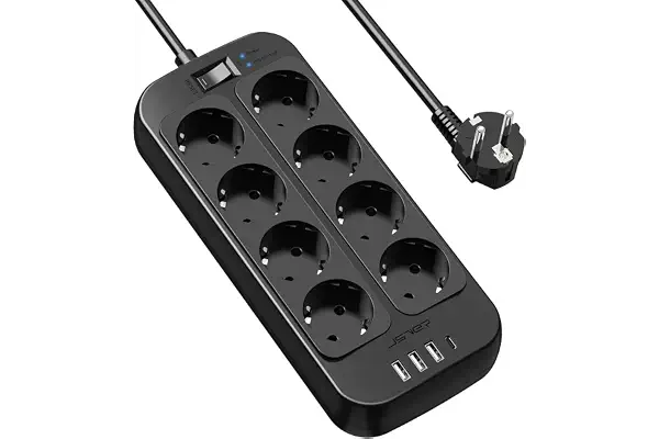 JSVER Regleta Enchufes USB, Proteccion Sobretension con 8 Toma de Corriente y 4 Puertos(5V3,4A) Estación de Carga Inteligente Tomas Alargadora con Cable 1.8m-Negro