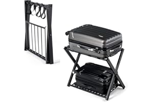 RELAX4LIFE Kofferständer Metall, Kofferablage mit 2 Ebenen, Gepäckablage klappbar, Kofferbock mit 4 Gurten, Gepäckständer für Schlafzimmer Gästezimmer Hotel, Kofferablage für Gepäck, Schwarz (1 Pack)