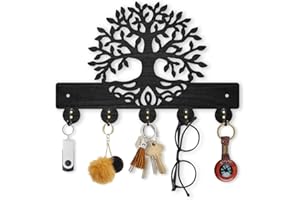 MAYJOYDIY Wooden Tree of Life Key Hook Wall Mounted Botanical Theme Key Hangers 30×20cm Leaf Roots Black Art Coat Rack for Wall with 5 Alloy Hooks for Entryway Bedroom Living Room