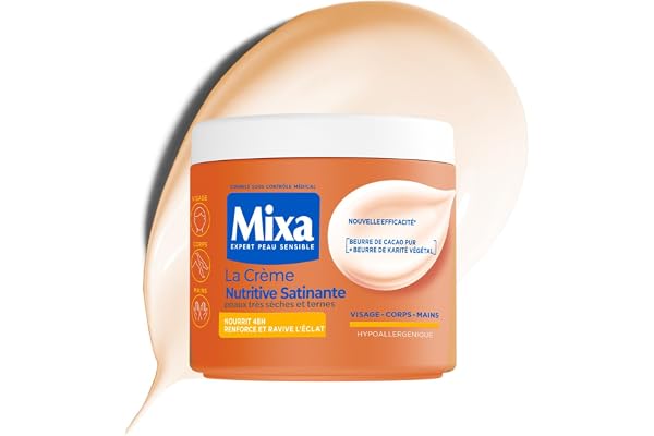 MIXA - Crème Hydratante Anti-Grisaille - Nourrit Intensément 48H & Ravive l’Éclat - Beurre de Cacao Pur & Karité - Peaux Très Sèches, Mates à Foncées - 400ml