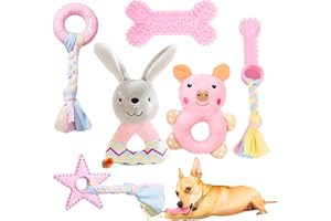 HRTTSY 6 Pack Puppy Teething Toys Small Dog Chew Toy Set Cute Chewing Rubber Toys Soft Plush Squeaky Dog Toys Release Anxiety Cleaning Teeth Interactive Puppy Toys for Girl Puppies (Pink)