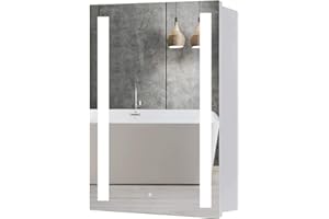 NAIMP Bathroom Mirror Cabinet, Illuminated Wall-Mounted Bathroom Storage Cupboard with Light Shaver Socket,Demister Pad & Touch Switch Control For Makeup Cosmetic Shaver Charging,IP44