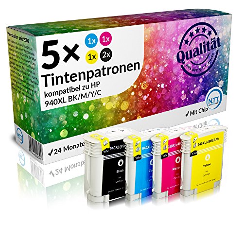 N.T.T.® 5x XL Tintenpatronen kompatibel zu HP940 XL (2 Schwarz, 1 Cyan, 1 Magenta, 1 Yellow) Multipack mit aktuellstem Chip für HP OfficeJet Pro 8000 Wireless, 8000AIO, 8000W, 8500, A809, A909a, A909g, A909n, 8500A e-All-in-One Plus, All-in-One 8500AIO, 8500W Druckerpatronen