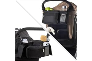 DAJILI Baby Stroller Organizer, Pram Bag Organizer with Cup Holder, Baby Buggy Caddy Organiser Bag with Detachable Pockets, Pram Accessories with Shoulder Strap for Storage Diaper Phone