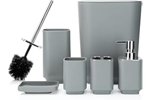 JOTOM 6 Pieces Bathroom Accessory Set Luxury Plastic Bathroom Accessories Set Trash Can Toilet Brush Set Toothbrush Holder Tumbler Soap Dish Soap Dispenser Bath Set Gift (Grey)
