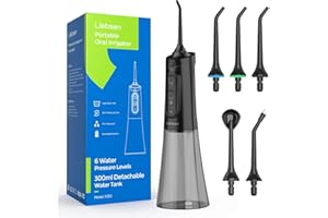 Liebssen Jet Dentaire Hydropulseur dentaires Fonctionnement à un bouton 6 intensités d'eau 5 embouts IPX7 Réservoir de 300 ml portable pour les voyages