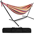 Cestbella Double Hammock Stand, Camping Cotton Canvas Hammock Portable Folding Swing Bed with Steel Base Height Adjustable Outdoor Hammock Set 450 lb for Backpacking Home Garden Backyard Beach Patio