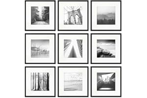 PHOTOLINI Set di 9 cornici per poster 30x30 cm con passe-partout 20x20 cm nero legno MDF, plexiglass infrangibile, da parete, accessori inclusi - per foto, immagini e poster