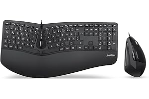 ‎PERIXX Perixx Periduo-505, Ergonomische Tastatur und Vertikale Maus Desktop Set, Geteiltes Tastenfeld, 4-Wege-Scrollrad, Anpassbare Handballenauflage, Flache Tasten, USB-Kabelgebunden, DE QWERTZ