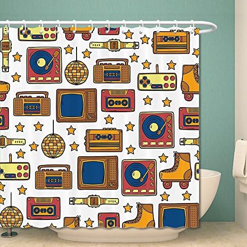 90S Decorations Shower Curtain Set By 90S Theme With Old Style Recorder Stereo Television Roller Skate Shoes Electronic Watch Bathroom Accessories 69W X 70L Inches Mustard