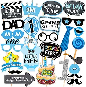 SYGA First Birthday Photo Booth Props with Banner-26Pcs (Blue Color) for 1st Bday Theme Supplies Baby Kids Combo Decorations Items/Cake Smash/High Chair, Babies Room Decor