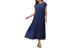Adigaber Damska Długa Sukienka Plisowana Lato Casual Okrągły Dekolt Solidna Sukienka Z Kieszeniami