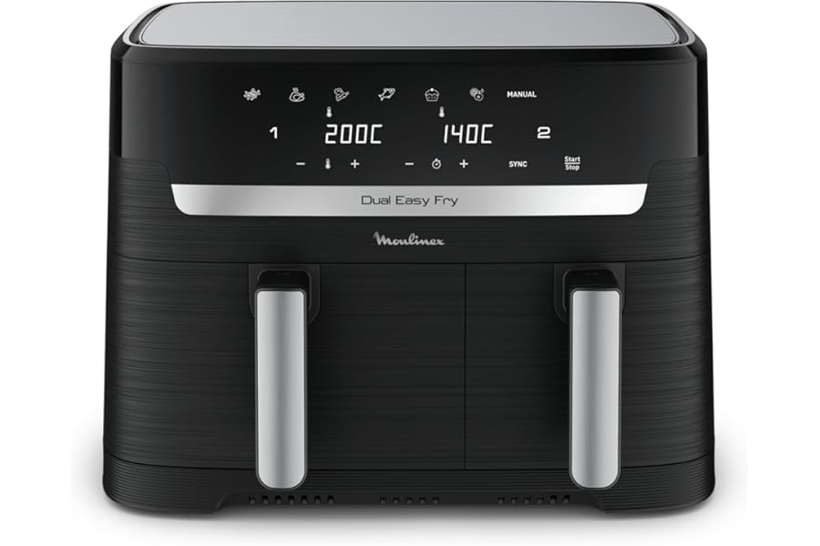 Moulinex Dual Easy Fry, Air Fryer with Double Basket, XL, 8.3 L/2.2 kg, Capacity up to 6-8 People, Superior Double Resistance, 7 Programs, App Recipes, Dishwasher Safe, EZ9018