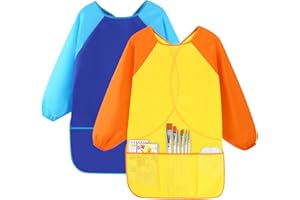 Cozlly 2PCS Kids Art Aprons for Age 7-12 Years Girls Boys, Kids Art Smock Toddler Children, Artist Painting Aprons Long Sleeves with 3 Pockets, Waterproof Play Apron for Painting, Craft, School