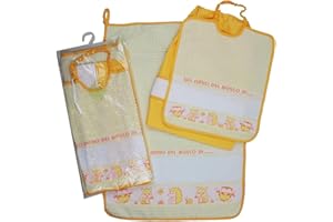 BUBABÙ Set ASILO SCUOLA MATERNA da ricamare AMICI DEL BOSCO 3 pezzi: bavaglino spugna con elastico cm.28x32, asciugamano cm.40x55 con fascia in etamine + sacchetto Cotone 100% Made in Italy (GIALLO)