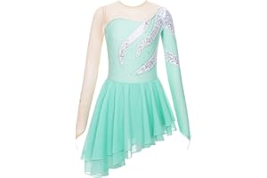 dPois Asymétrique Robe de Patinage Artistique Enfant Fille Paillettes Robe Danse Classique Manches Longues Brillant Strass Justaucorps Gymnastique Gym Ballet 5-16 Ans